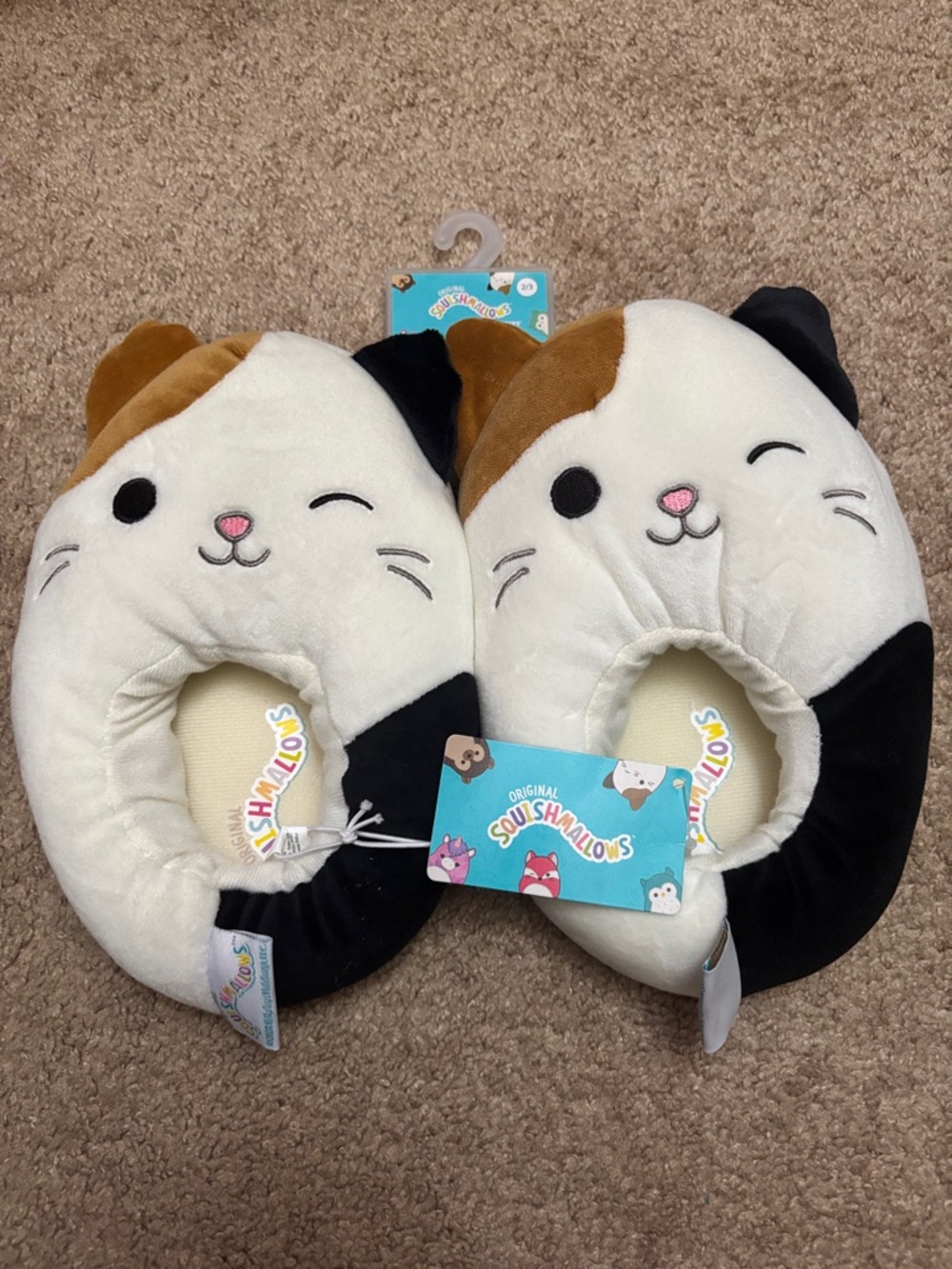 Squishmallows Cat Plush Slippers - White, Black, Brown